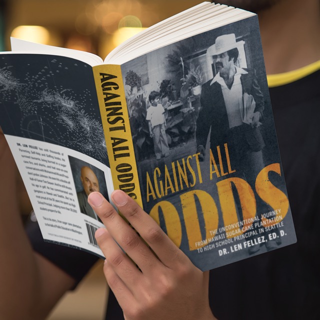 A mockup image of a softcover book titled ’Against All Odds’. The cover shows a man walking down a school hallway juxtaposed with the same man as a small child years ago.