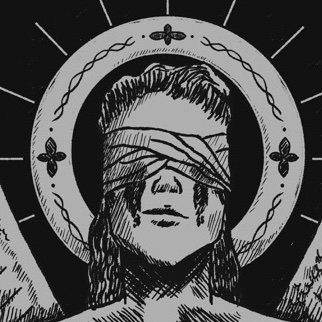 An illustration in pen-and-ink style of a blindfolded angel weeping tears of blood. A lit candle floats above each of its hands.