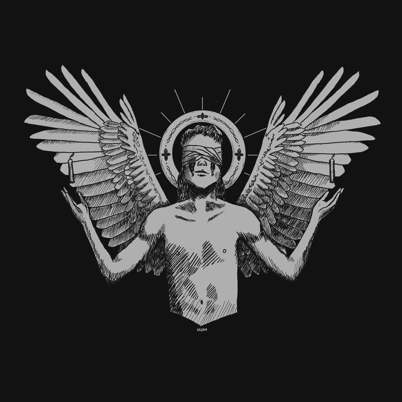 An illustration in pen-and-ink style of a blindfolded angel weeping tears of blood. A lit candle floats above each of its hands.