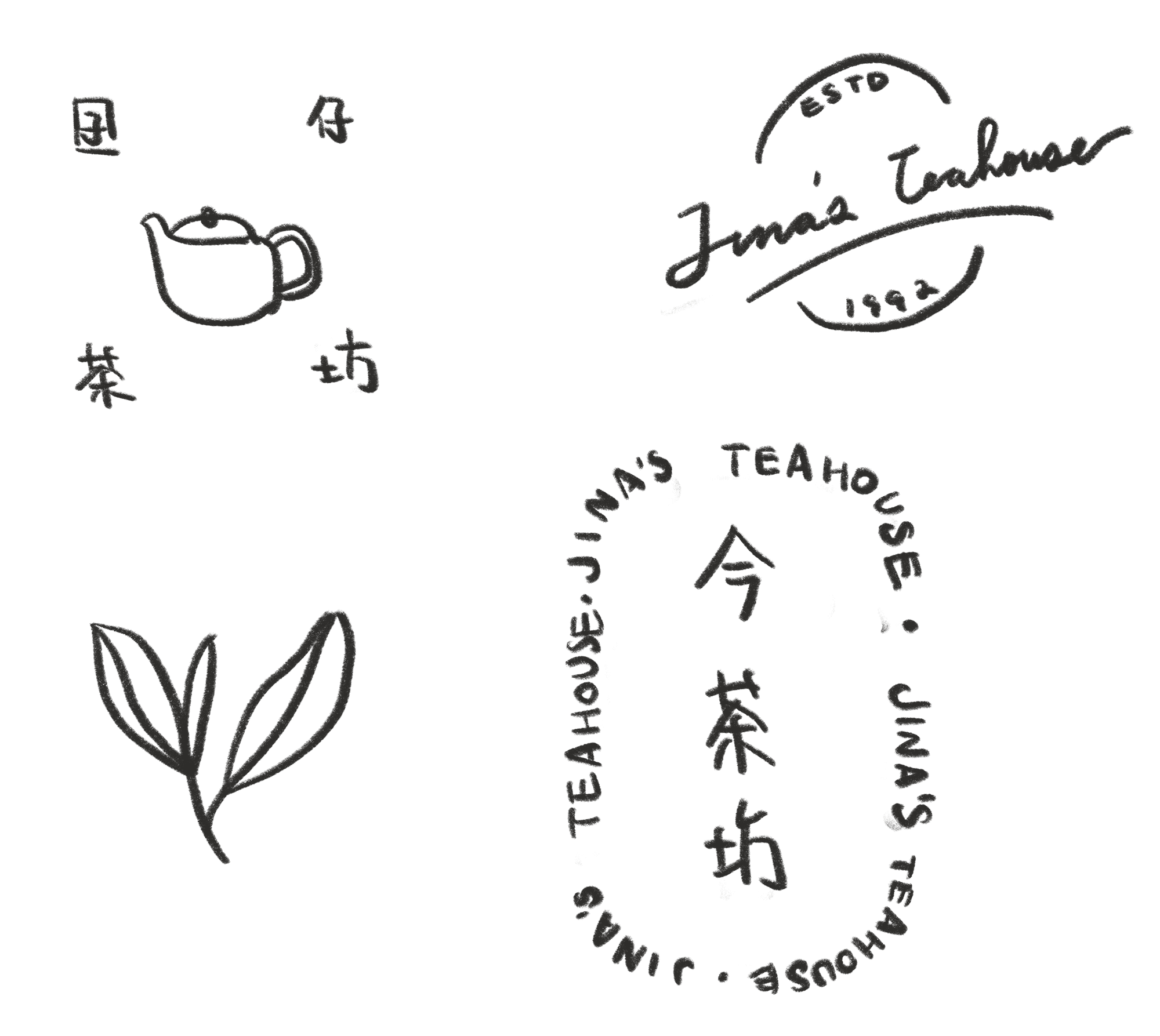 Hand-drawn sketches of four logo concepts.