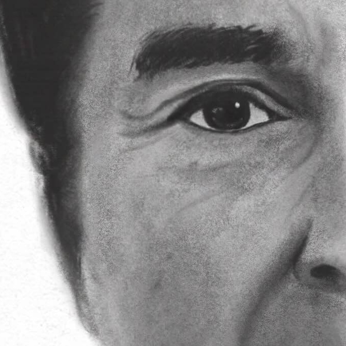 A pencil illustration of a woman looking directly and intently at the viewer.