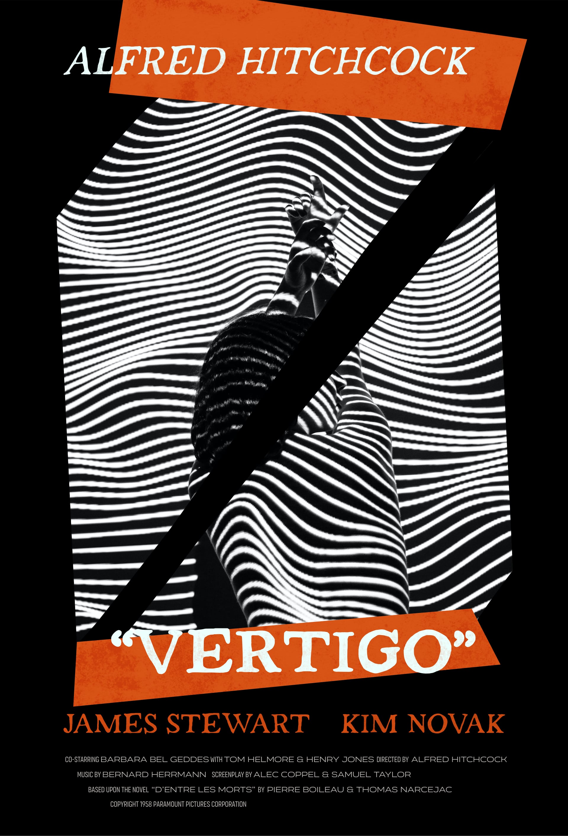 My design for a Vertigo poster. It has a black-and-white photo of a woman facing away from the viewer with wavy white stripes of light flowing over her. The image is slashed in half by a black streak.