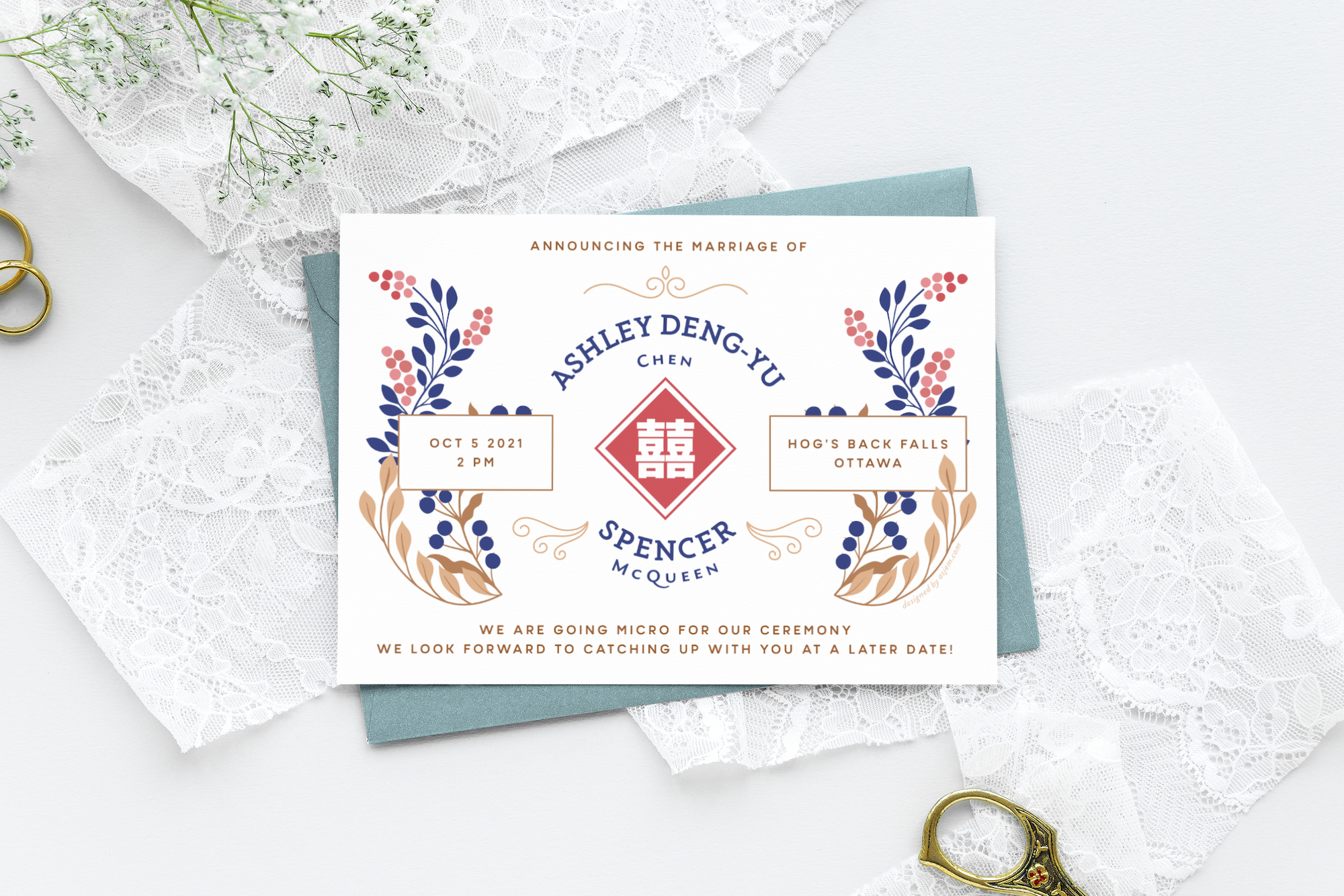 A mockup of a wedding announcement in white, gold, blue, and pink. The announcement is laid out on a light blue envelope and a white lace.